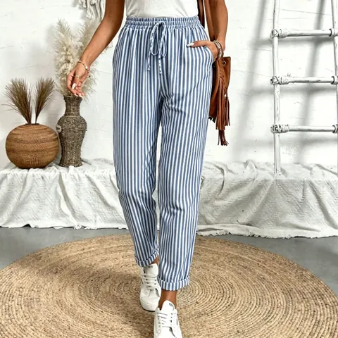 Dames Verticaal Gestreepte Harembroek Zomer Casual Losse Trekkoord Broek Met Zakken Mode Onderstuk Kleding