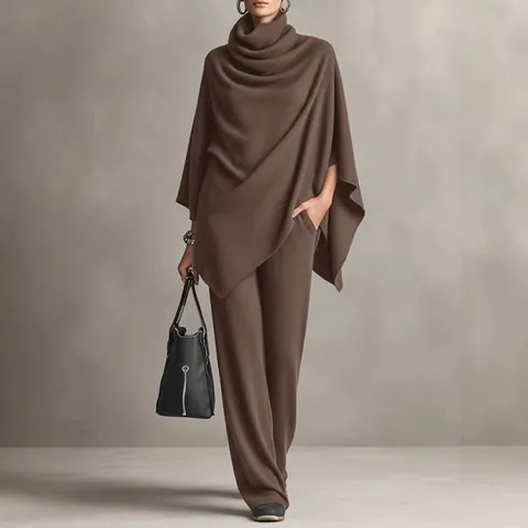 Women Top And Bottom Set Elegant Turtle Neck Poncho Cape Top Wide Leg Pants Two Piece Outfits Autumn Winter Soft Warm Suit