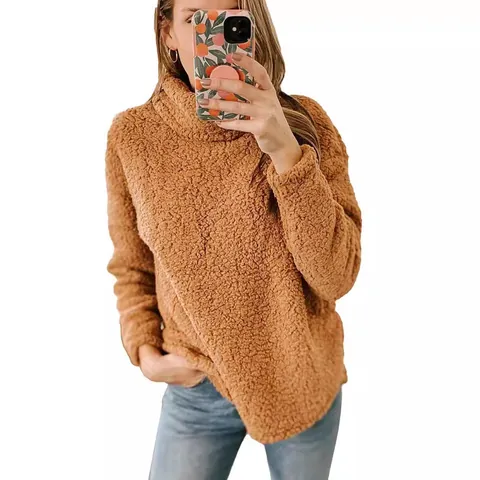 Damen Hochkragen Flauschiges Fleece Hoodie Lässig Einfarbig Warm Teddybär Langarm Pullover Sweatshirt Für Winter Herbst