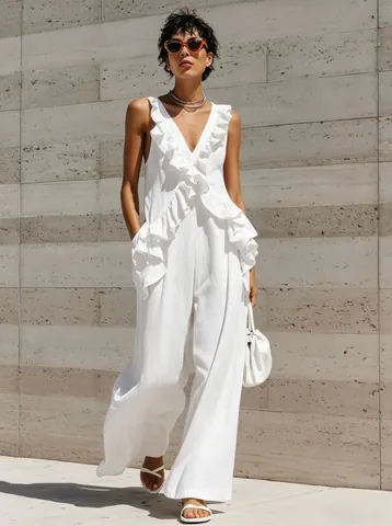 Tuta da Donna con Scollo a V Senza Maniche con Volant Elegante Tinta Unita Gamba Larga Poliestere Casual Vacanza Outfit Pezzo Unico