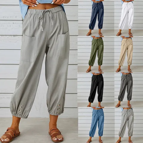 Dames Casual Katoen Linnen Broek met Wijde Pijpen Hoge Taille Trekkoord Enkellengte Broek met Zakken Knoopdecoratie
