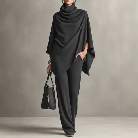 Women Top And Bottom Set Elegant Turtle Neck Poncho Cape Top Wide Leg Pants Two Piece Outfits Autumn Winter Soft Warm Suit