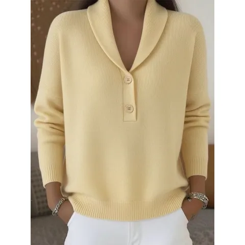 Dames Casual Losse Polo Kraag Gebreide Trui Lange Mouw Knoop Trui Effen Kleur Herfst Winter Gebreide Top
