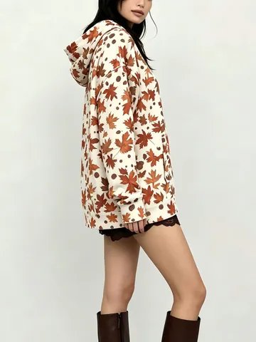 Vintage Maple Leaf Print Hoodie Women Oversized Loose Drop Shoulder Long Sleeve Pullover Hooded Sweatshirt Autumn Winter Top