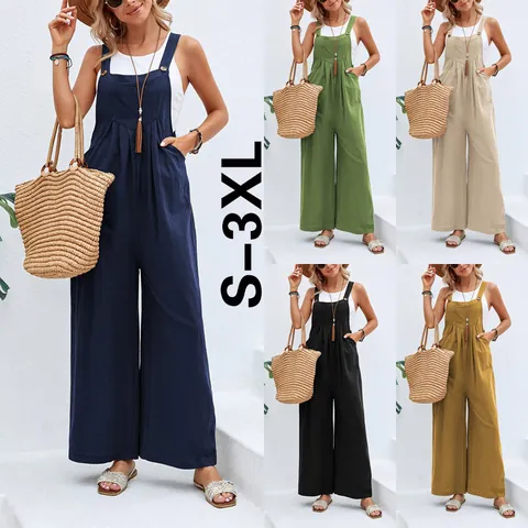 Mujer Overol Retro de Algodón Color Sólido Casual Mono Pantalones de Pierna Ancha Con Bolsillos Sin Mangas Top And Bottom Para Verano Vacaciones