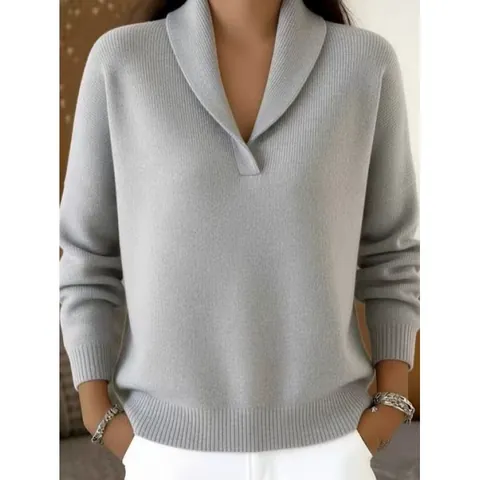 Maglione in Maglia con Collo a Scialle e Scollo a V da Donna Manica Lunga Vestibilità Larga Poliestere Tinta Unita Pullover Retro Elegante