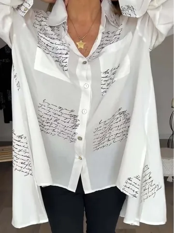 Women Viscose Script Letter Print Blouse Long Sleeve Lapel Button Down Loose Swallowtail Hem Casual Commuter Shirt Top