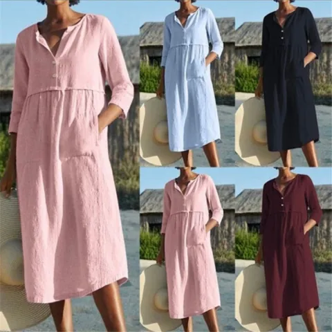 Women Casual Cotton Linen Midi Dress V-Neck Half Sleeve Solid Color Button Decor Pocket Loose A-Line Beach Holiday Dress