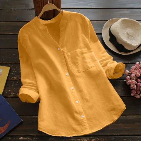 Camicia da Donna Larga in Cotone e Lino Scollo a V Manica Lunga Casual Tinta Unita Camicetta con Tasca Stile Retrò Europeo