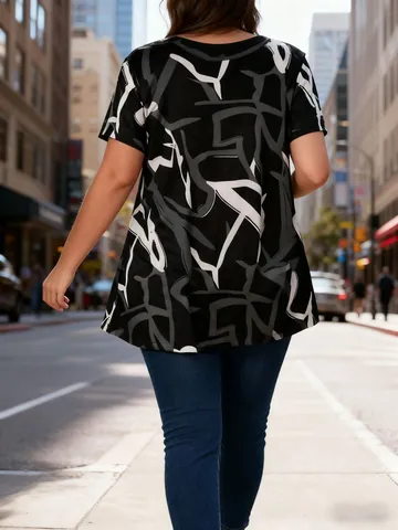 Γυναικείο T-Shirt Μεγάλο Μέγεθος Casual Με Αφηρημένο Τύπωμα Χαλαρή Εφαρμογή Κοντό Μανίκι Πολυεστερική Μπλούζα Μαύρο και Λευκό