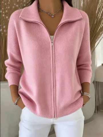 Women Casual Solid Color Knitted Cardigan Sweater With Zipper Turn-Down Collar Long Sleeve Autumn Winter Fashion Top