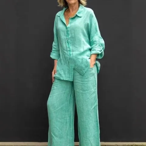 Damen Casual Top And Bottom Einfarbig Revers Knopfhemd Und Weite Hose Polyester Outfit Für Jeden Tag