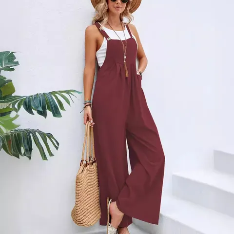 Mujer Overol Retro de Algodón Color Sólido Casual Mono Pantalones de Pierna Ancha Con Bolsillos Sin Mangas Top And Bottom Para Verano Vacaciones