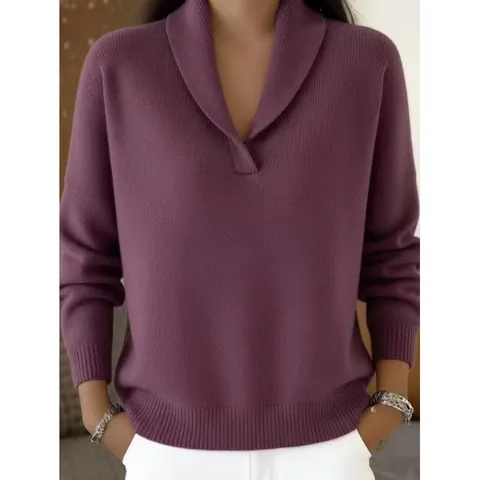 Maglione in Maglia con Collo a Scialle e Scollo a V da Donna Manica Lunga Vestibilità Larga Poliestere Tinta Unita Pullover Retro Elegante