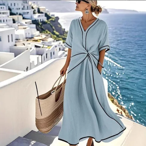 Women Elegant Bohemian V-Neck Maxi Dress Contrast Piping Twist Knot Waist Summer Polyester Vacation Long Dress