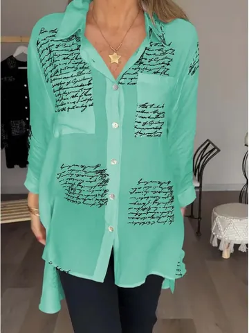 Women Viscose Script Letter Print Blouse Long Sleeve Lapel Button Down Loose Swallowtail Hem Casual Commuter Shirt Top