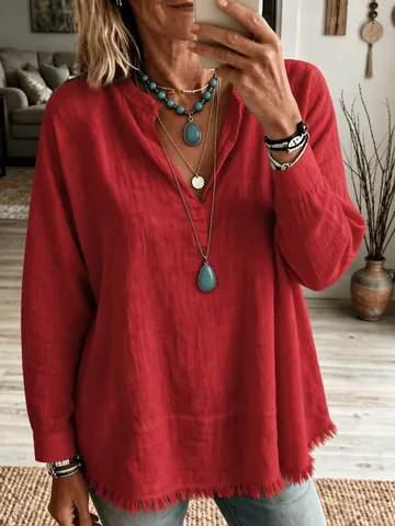 Top Décontracté pour Femmes Coupe Ample Col en V Manches Longues Polyester Couleur Unie Blouse à Bord Effiloché Pull Quotidien