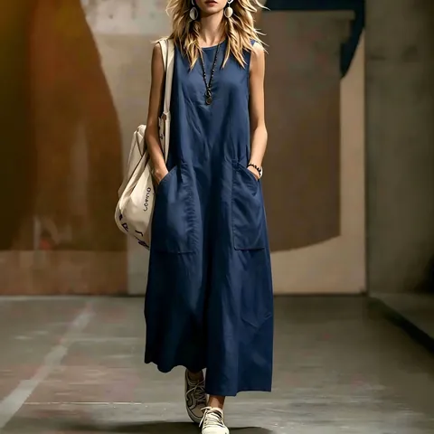 Women Sleeveless Round Neck Maxi Dress With Pockets Solid Color Loose Elegant Summer Beach Sun Dress Casual Woven Dress