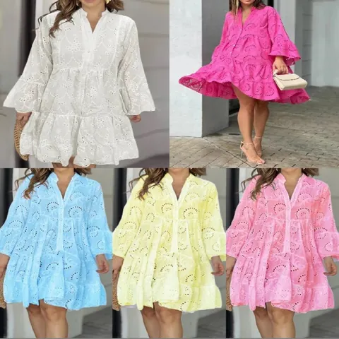 Vestido de Mujer Elegante Cuello en V Bordado Calado de Encaje Bohemio Color Sólido a Capas Línea A Playa Mini Vestido