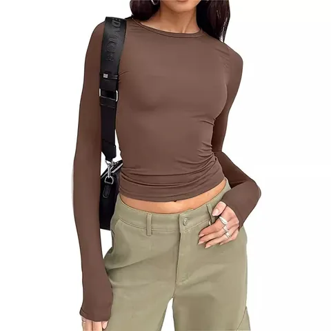 Maglietta a Maniche Lunghe Aderente in Poliestere Mercerizzato Casual da Donna Tinta Unita Girocollo Top Strato Base