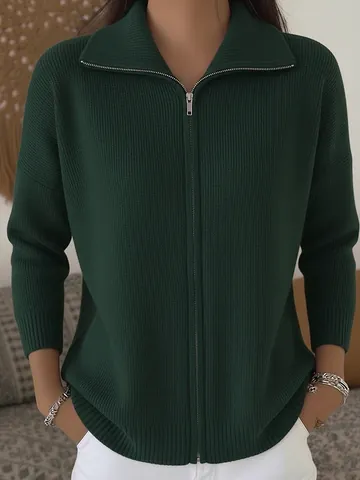 Women Casual Solid Color Knitted Cardigan Sweater With Zipper Turn-Down Collar Long Sleeve Autumn Winter Fashion Top