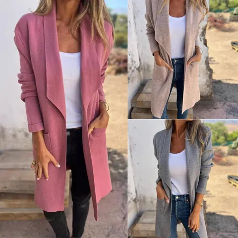 Women's Elegant Mid-Length Lapel Knitted Cardigan Coat Solid Color Thin Wool-Look Long Sleeve Polyester Jacket For Autumn Winter