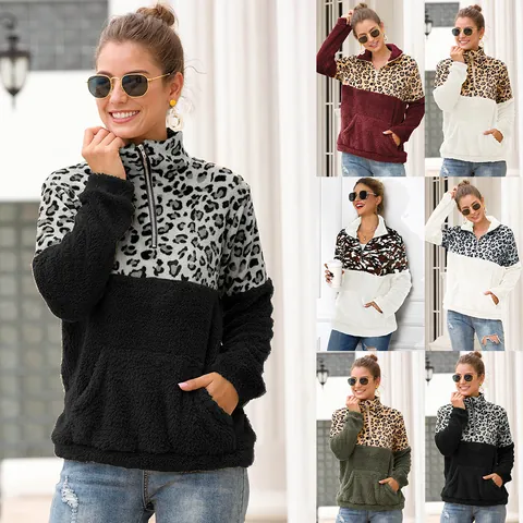 Damen Leopardenmuster Patchwork Doppelseitiges Fleece Hoodie Halber Reißverschluss Umlegekragen Lässig Locker Warm Top