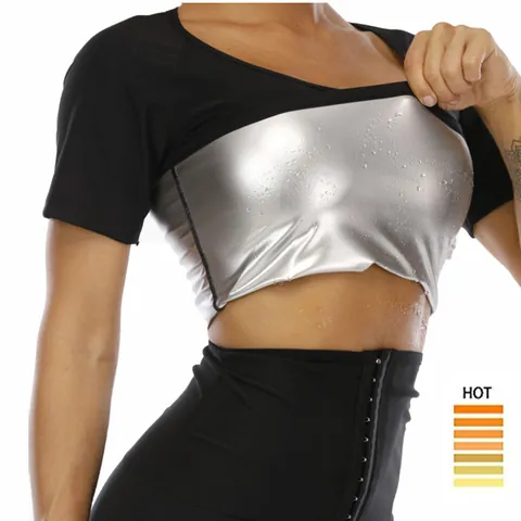 T-shirt de Sauna pour Femmes Enduit d'Argent Manches Courtes Fitness Top Sculptant Serre-taille Workout Tee Pour Perte de Poids Vêtements de Sport