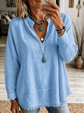Top Décontracté pour Femmes Coupe Ample Col en V Manches Longues Polyester Couleur Unie Blouse à Bord Effiloché Pull Quotidien