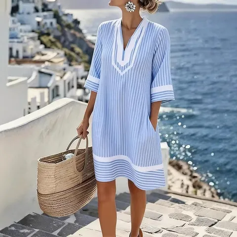 Women V Neck Bohemian Printed Striped Beach Dress Loose Summer Vacation Short Sleeve Sun Protection Cover Up Sundress