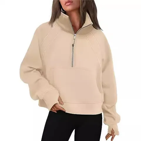 Women Half Zip Cropped Hoodie Fleece Stand Collar Sweatshirt With Thumbholes Kangaroo Pocket Solid Color Top