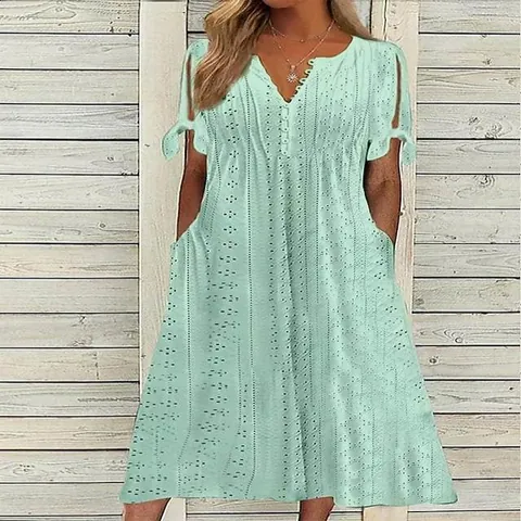 Robe Midi Décontractée pour Femmes Col en V Dentelle à Oeillets Taille Haute Coupe Trapèze Manches Courtes Couleur Unie Été