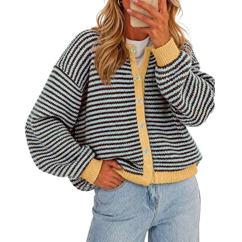Women Casual Striped Knit Cardigan Round Neck Long Sleeve Button Up Loose Fit Sweater Jacket For Autumn Winter