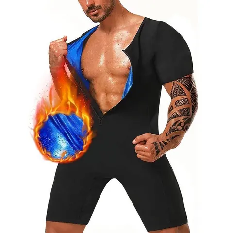 Men Sauna Suit Body Shaper Compression Jumpsuit Short Sleeve Round Neck Front Zipper Belly Control Sweat Top And Bottom