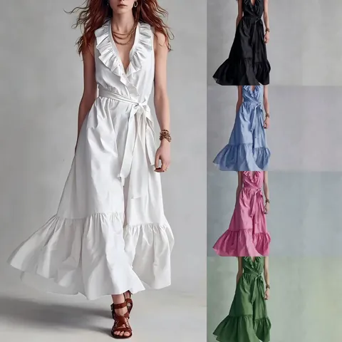 Women V Neck Sleeveless Ruffle Maxi Dress Solid Color Tie Waist Tiered Big Hem Spliced Summer Beach Party Long Sun Dress