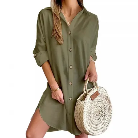 Damen Casual Langarm Revers Knopfleiste Hemdkleid Einfarbig Commuter Stil Seitenschlitz Mini Kleid Polyester Stoff