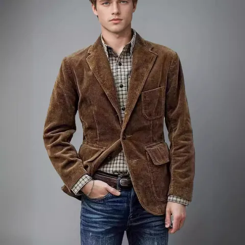 Men Casual Corduroy Blazer Jacket Vintage British Style Solid Color Nylon Suit Jacket Loose Fit Single Breasted Top For Men