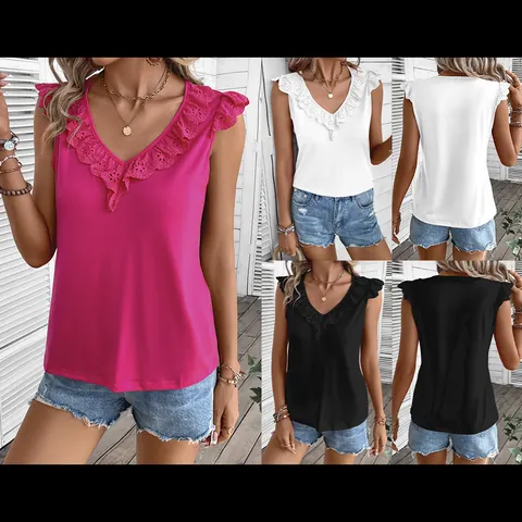 Women V Neck Flutter Sleeve Top Sweet Eyelet Hollow Out Polyester Peplum Blouse Casual Loose Sleeveless Summer Top For Lady