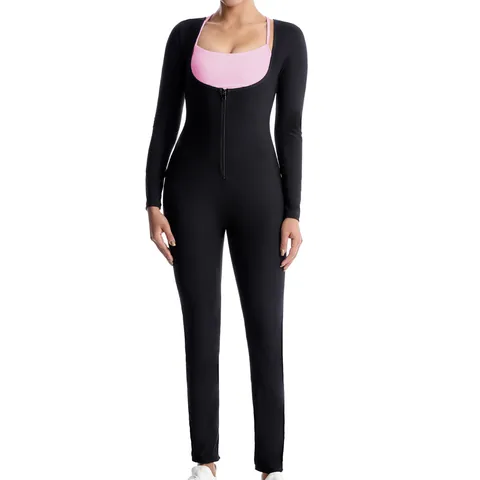 Combinaison de Sauna pour Femmes Modelage Complet Jumpsuit Manches Longues Fitness Workout Bodysuit Avec Fermeture Éclair Avant Polyester