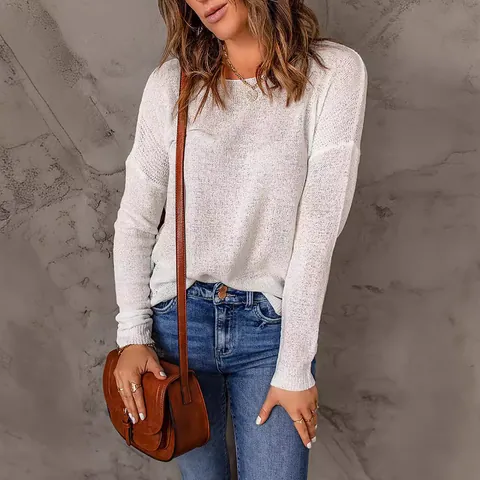 Women's Casual Alpaca Wool Pullover Sweater Solid Color Round Neck Long Sleeve Loose Knit Top For Autumn Winter