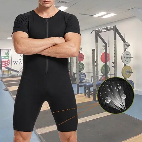 Men Sauna Suit Body Shaper Compression Jumpsuit Short Sleeve Round Neck Front Zipper Belly Control Sweat Top And Bottom