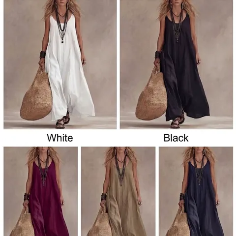 Damen Böhmisch Polyester Ärmellos Maxi Kleid Locker Casual Retro Urlaubsstil Einfarbig Rundhals A-Linie Lang Kleid