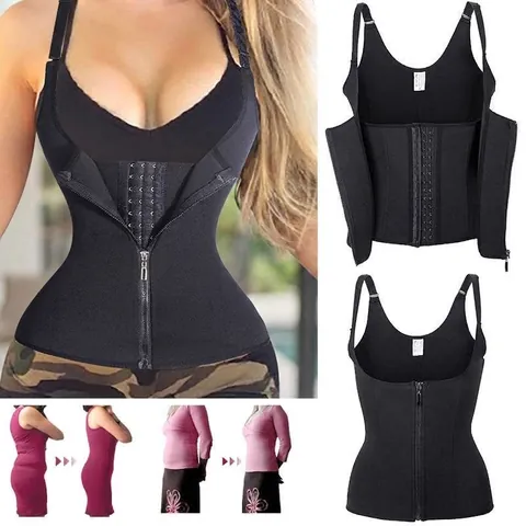 Gaine Amincissante en Néoprène pour Femmes Corset de Sudation Avec Fermeture Éclair et 3 Rangs d'Agrafes Débardeur Gainant