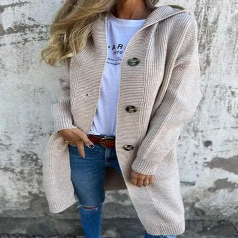 Cardigan in Maglia da Donna Media Lunghezza con Cappuccio Tinta Unita Monopetto con Grandi Tasche Misto Lana Acrilica