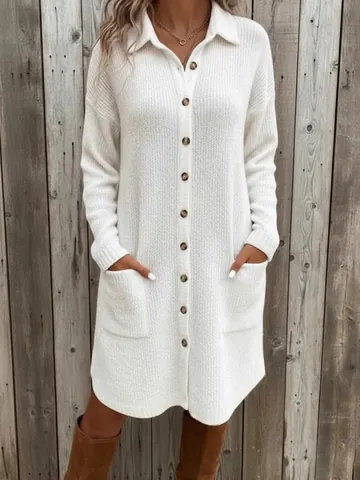 Women Knitted Sweater Dress Solid Color Polo Collar Long Sleeve Button Pocket Midi Dress Casual Autumn Winter Jumper Dress