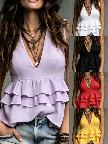 Damen V-Ausschnitt Ärmellos Doppel Rüschen Bluse Sommer Westlicher Stil Peplum Top Einfarbig Polyester Gewebt Casual Hemd Mode