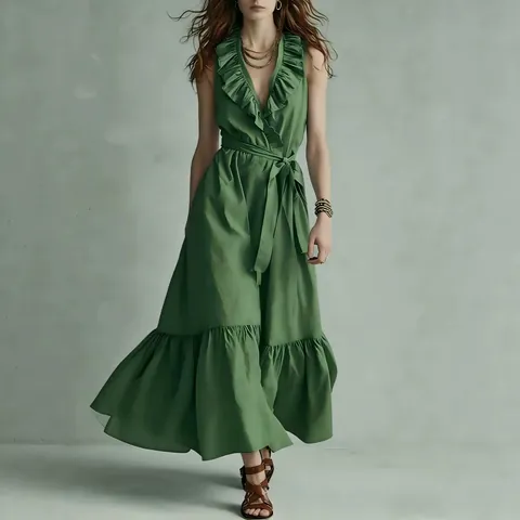 Women V Neck Sleeveless Ruffle Maxi Dress Solid Color Tie Waist Tiered Big Hem Spliced Summer Beach Party Long Sun Dress