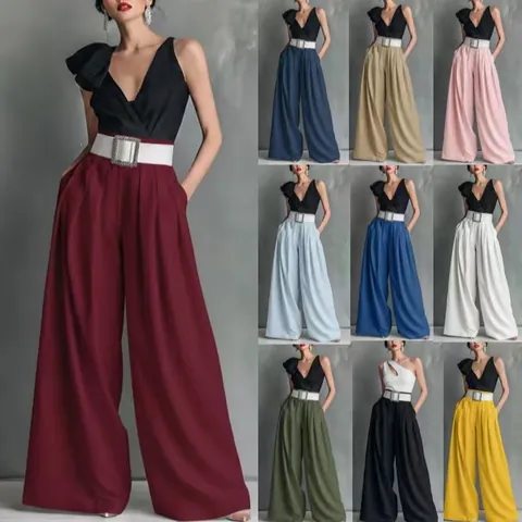 Women High Waisted Wide Leg Pants Elegant Solid Color Polyester Trousers With Belt Office Lady Work Casual Long Bottom