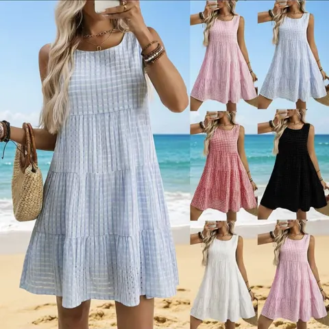 Women's Summer Sleeveless Gingham Plaid Tiered Dress Casual U-Neck Loose A-Line Beach Sun Dress For Women