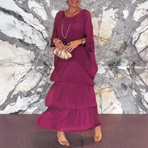 Women's European Fashion Chiffon Mesh Batwing Sleeve Round Neck Tiered Cake Skirt Maxi Dress Light Luxury Long Party Dress
